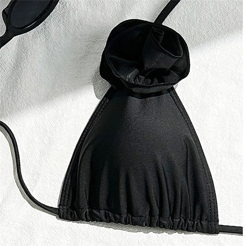 Sexy 3D Flower String Halter Bikinis 2025 Women Swimsuit Cover Ups Lace-up Thong Swimwear Beach Wear Bather 3 Piece Bikini Set