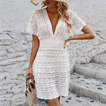 S - XL Short Sleeve V Neck Crochet Knitted Tunic Beach Cover Up Cover-ups Beach Dress Beach Wear Beachwear Female Women V5314