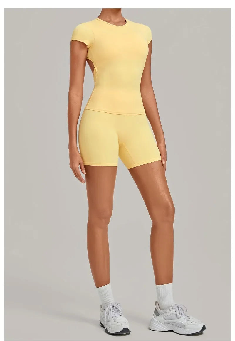 Women's Seamless Yoga Sets Sports Fitness Workout Hip-lifting High Waist Shorts Backless Short-sleeve Vest Suit Gym Training Set