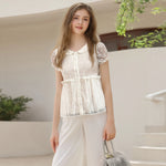 Women's Summer Solid Color Lace Short Sleeve Tops Doll Collar Button Down Ruffled Loose T-shirts
