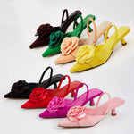 2026 Big Size 43 Summer Women's Pointy Toe Kitten Heels Slingback Satin Sandals Elegant Sandal Rose Flower Office Lady Shoes