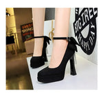 BIGTREE Women's Pointed Toe High Heels Back Bowknot Elegant Flock Ankle Strap Pumps for Women Black Dress Shoe Wedding Party