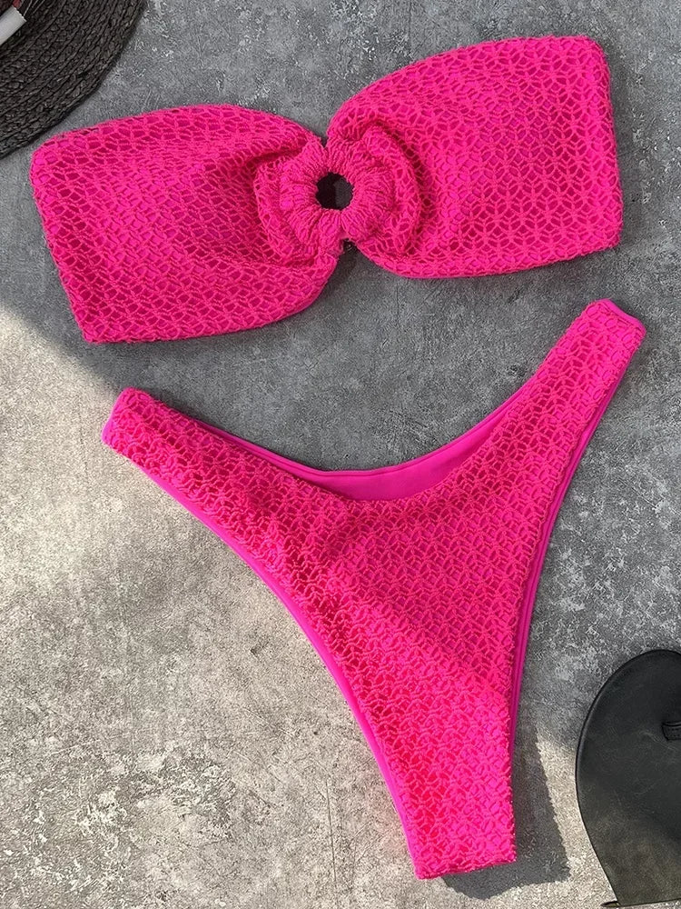 Sexy Fishnet Strapless Bandeau Bikini Women Swimsuit Female Swimwear Two-pieces Bikini set High Cut Bather Bathing Suit Swim