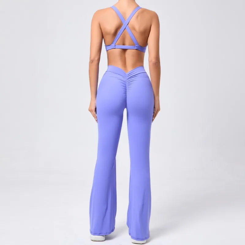 Women's Seamless Yoga Sets Brushed Fabric Flared Hip-Lifting Pants Cross Beauty Back Bra Suits Gym Workout Fitness Training Sets