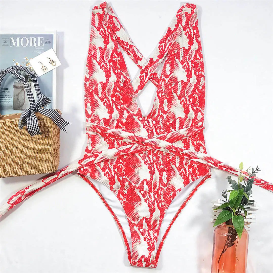 Long Strap Wrap Around Swim Suit For Women Swimwear One Piece Swimsuit Female Bather Snake Print Bathing Suit Beach V852