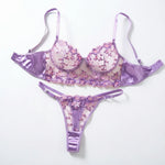 Sheer Floral Embroidery Lingerie Set Satin Trim Push Up Bra+Thong For Women Romantic Date Night/Anniversary Underwear ZA825246