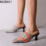 NASBAVI New Breathable Hollow Slippers Stone Pattern Leather Pumps Women Chunky Heels Mules Black Dress Shoes Big Size 45 46 47