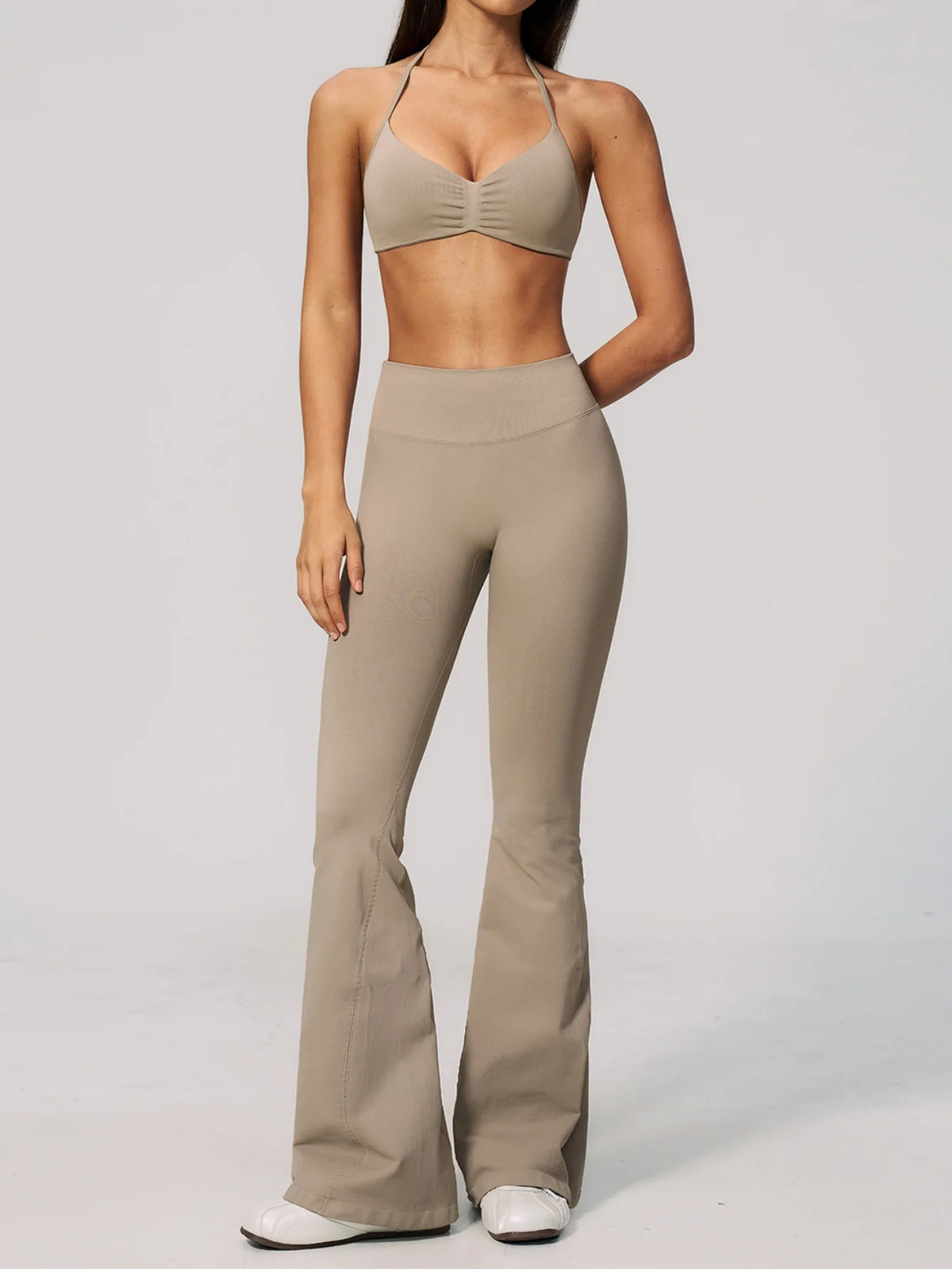 Summer Fitness Suit Women Seamless Hanging Neck Pleate Sports Bra Yoga Sets High Waist Wide Leg Leggings Running Athletic Wear