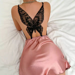 Women Satin Slip Nightgown Draped V Neck Butterfly Lace Back Mini Night Dress Spaghetti Strap Split Hem Sexy Silky Lingerie Slee