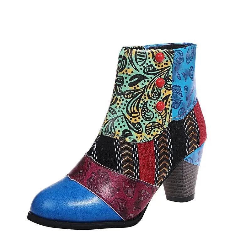 Ankle Boots Women Autumn PU Women's Shoes Ethnic Waterproof Casual Vintage Shoes Zipper High Heel Short Boots Botas Mujer