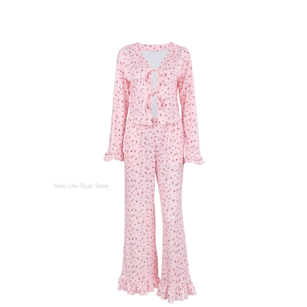 Women European Autumn Winter Knit Pajama Set Hollow Print Tie Top Ruffle Long Pants Two Piece Ladies Homewear Sleepwear