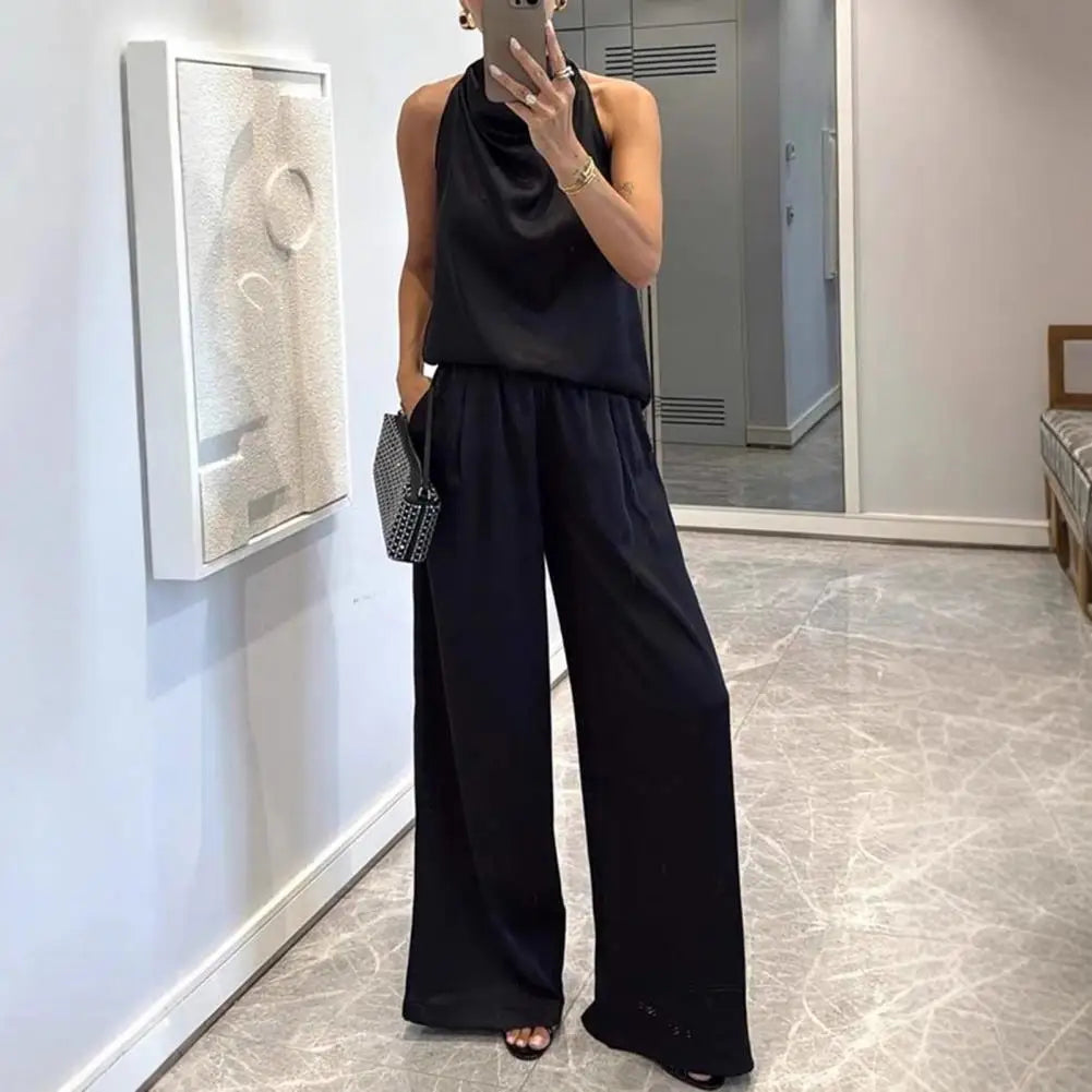 Women 2 Piece Satin Outfits Halter Neck Sleeveless Top And Wide Leg Pants Set Casual Vocation Lounge Set