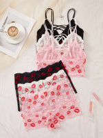 Sexy Lips Print Lace Women Lingerie Set Wire-free Unlined Camisole Bra Stylish Thin Breathable Lace Underwear