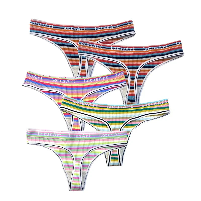 5Pcs/Set G-string Women Panties Female Low Waist Thongs Seamless Underwear Sexy Lingerie Rainbow Striped Cotton Underpants M-XL