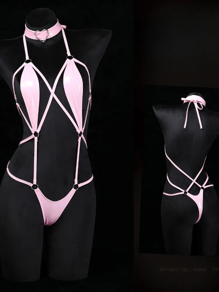 Women Patent Leather Harness Lingerie with Heart Choker Open Back Crotch Less Erotic Bodysuit Intimate Club Wear for Night Party