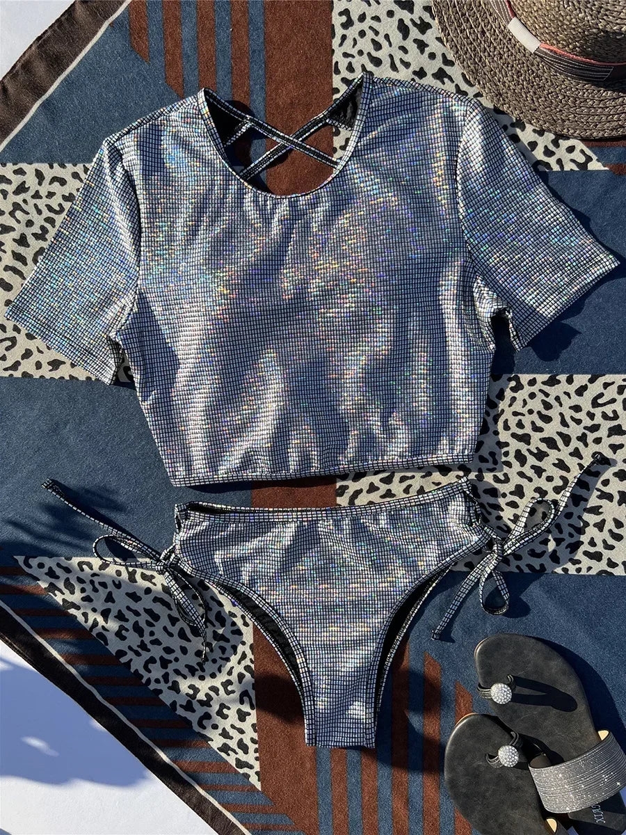 Shiny Sequins Cross Backless Short Sleeve Bikini Women Swimsuit Female Swimwear Two Pieces Bikini Set Bather Bathing Suit Swim
