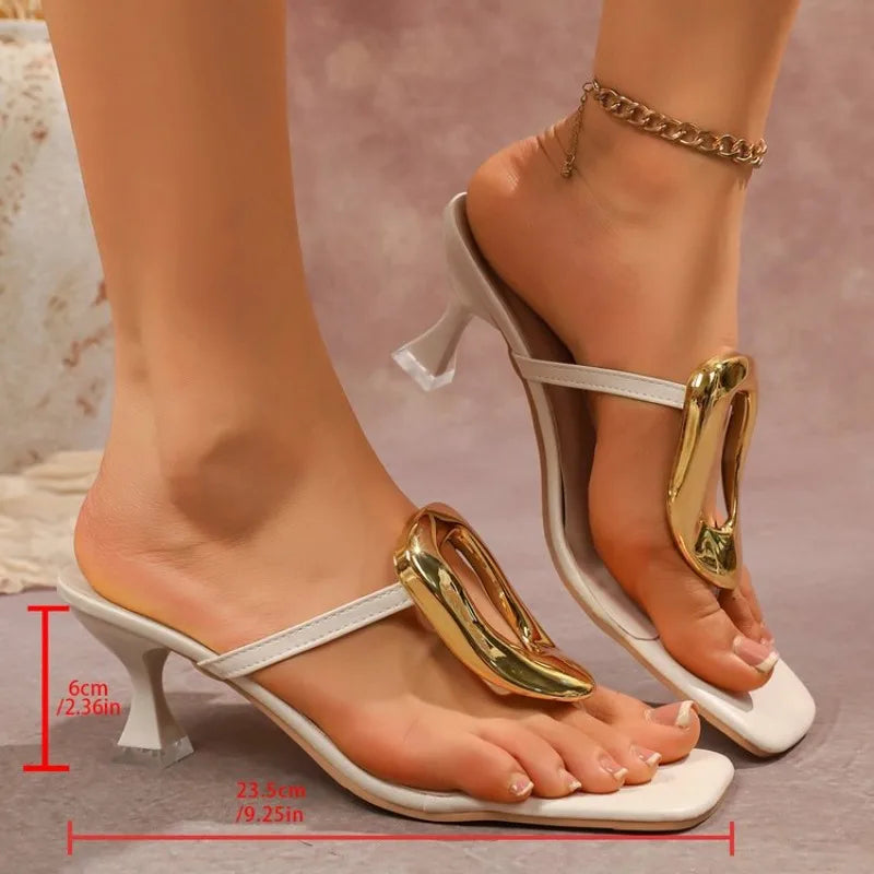 Large Size Metal Buckle Sandals Women's Summer New Thin High Heel Square Head Toe Clip Slippers Rubber Uppers Polyurethane Linin