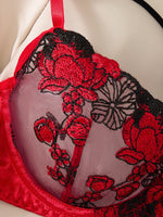 Red satin rose embroidery lingerie set - Sophisticated vintage-style French net semi-cup bra set of two pieces ZA824127
