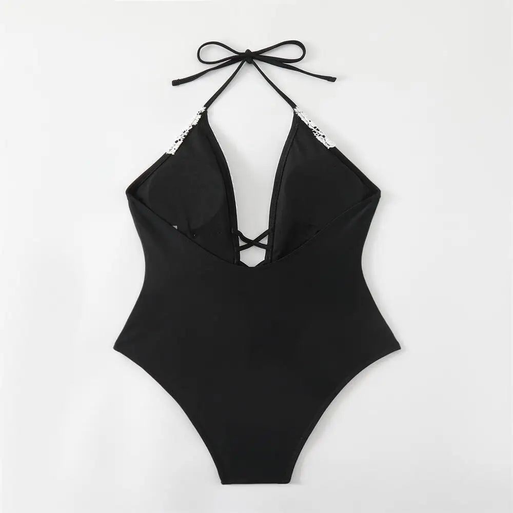 Sexy Push Up Tummy Control Swimwear Women Black Plunge Neck Padded One Piece Swimsuit Lace Beach Bathing Suit Bodysuit Monokini