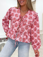 Floral Print Babydoll Tops for Women Casual Loose Doll Collar Open Front Tie-Up Ruffled Hem Long Sleeve Blouse for Fall