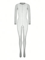 1pc Solid Color Sexy Women's Lingerie, High Stretch Sheer Thin Bodystocking, -Apart Charming Jumpsuit