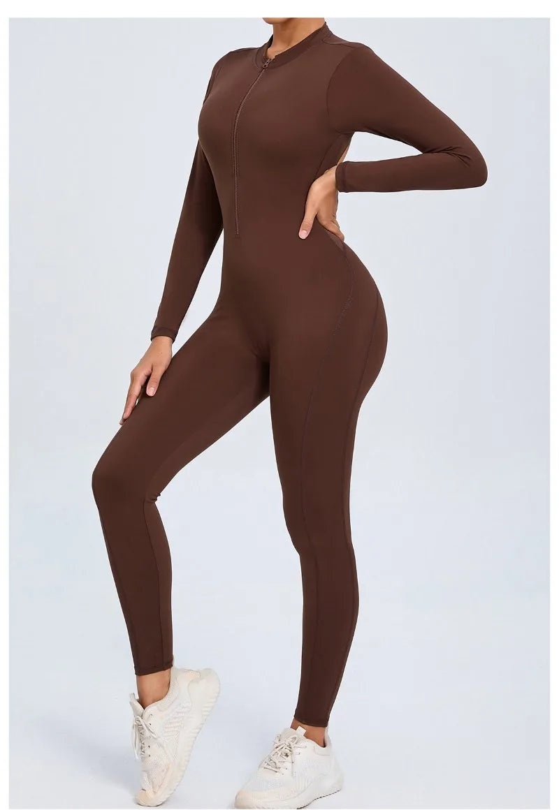 Women's Seamless Yoga Bodysuit Long Sleeve Zipper & Back Cutout Naked Feeling Quick-Dry Running Fitness Workout Jumpsuit