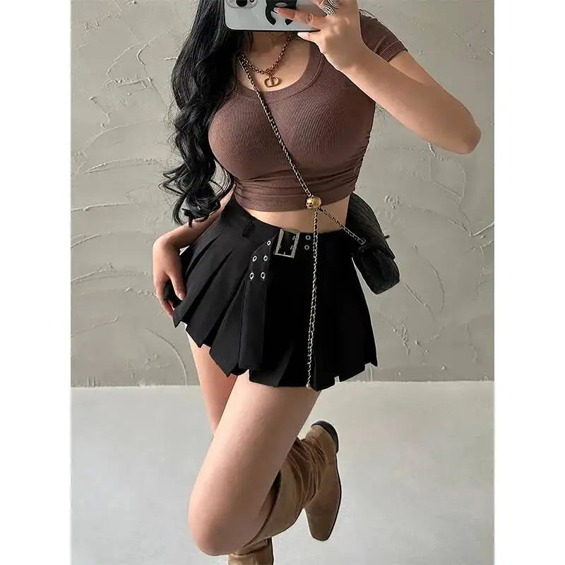 WOMENGAGA Summer Skorts High-quality Sexy A-LINE Safety Skirts Pleated Skirt Half Length Short Skirt Belt Fashion Women E4H4