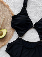 2026 New Sexy Black One Piece Swimsuit Swimwear Women Hollow High Waist Bathing Suit Beachwear Metal Hoops Decor Banadores Mujer
