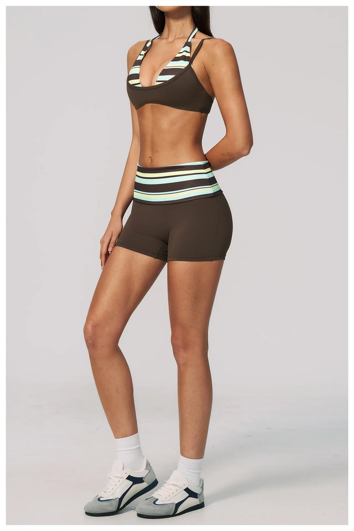 Breathable Striped Patchwork Yoga Clothing Women Fake Two-piece Sports Bra Folding High Waist Shorts Gym Running Fitness Suit