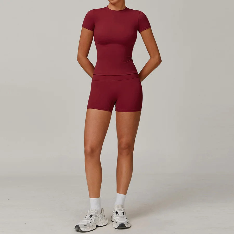 New Yoga Set Two Piece Women Short Sleeve Top with High Waist Leggings Seamless Workout Clothes Patchwork Sport Fitness Gym Sets