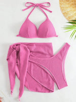 With Beach Sarong Bra Cup Wrinkled Bikini Female Swimsuit Women Swimwear Three-pieces Bikini Set Push Up Bathing Suit Swim Lady