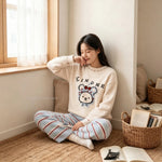 Cartoon Rabbit Jacquard Striped Pants Loose Warm Ladies Homewear Sleepwear Loungewear Women Korean Style Cute Soft Pajama Set