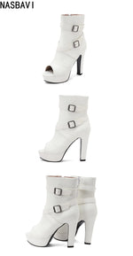 White Sexy Women Sandals Peep Toe 12cm Chunky Platform Zipper Belt Big Size 34-50 Dating Nightclub Ankle Cool Sandals Boots