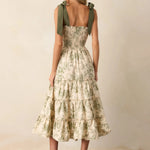Women's Summer Floral Print Dresses Stylish Ruffled Trim Smocked Sleeveless Tie-Shoulder A-Line Dress