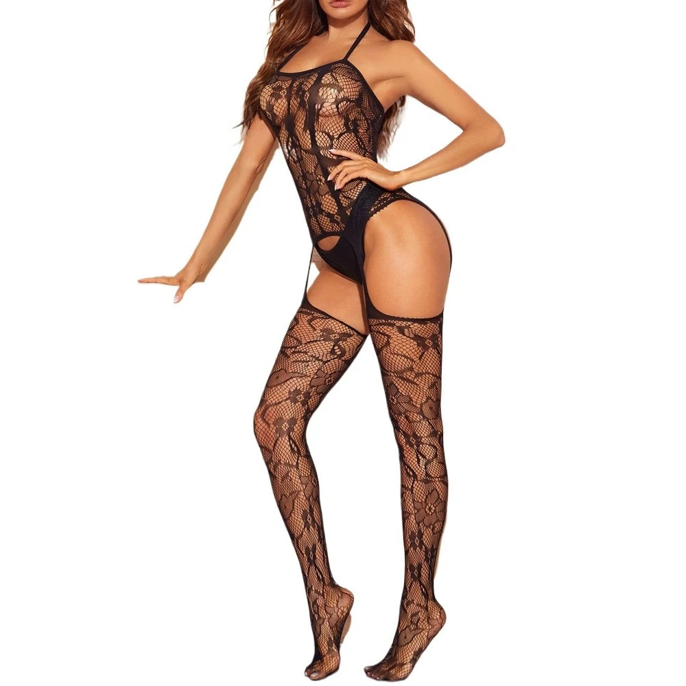 Halter Floral Lace Body stocking Sheer Mesh Suspender Garter Integrated Footed Thigh High Fishnet Stockings Women Lingerie