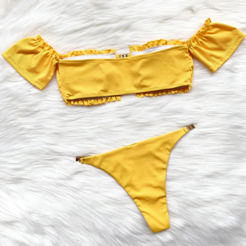 Floral Print Off Shoulder Bikini 2025 High Cut Swimsuit Women Female Brazilian Swimwear Two pieces Bikini set Bathing Suit Swim