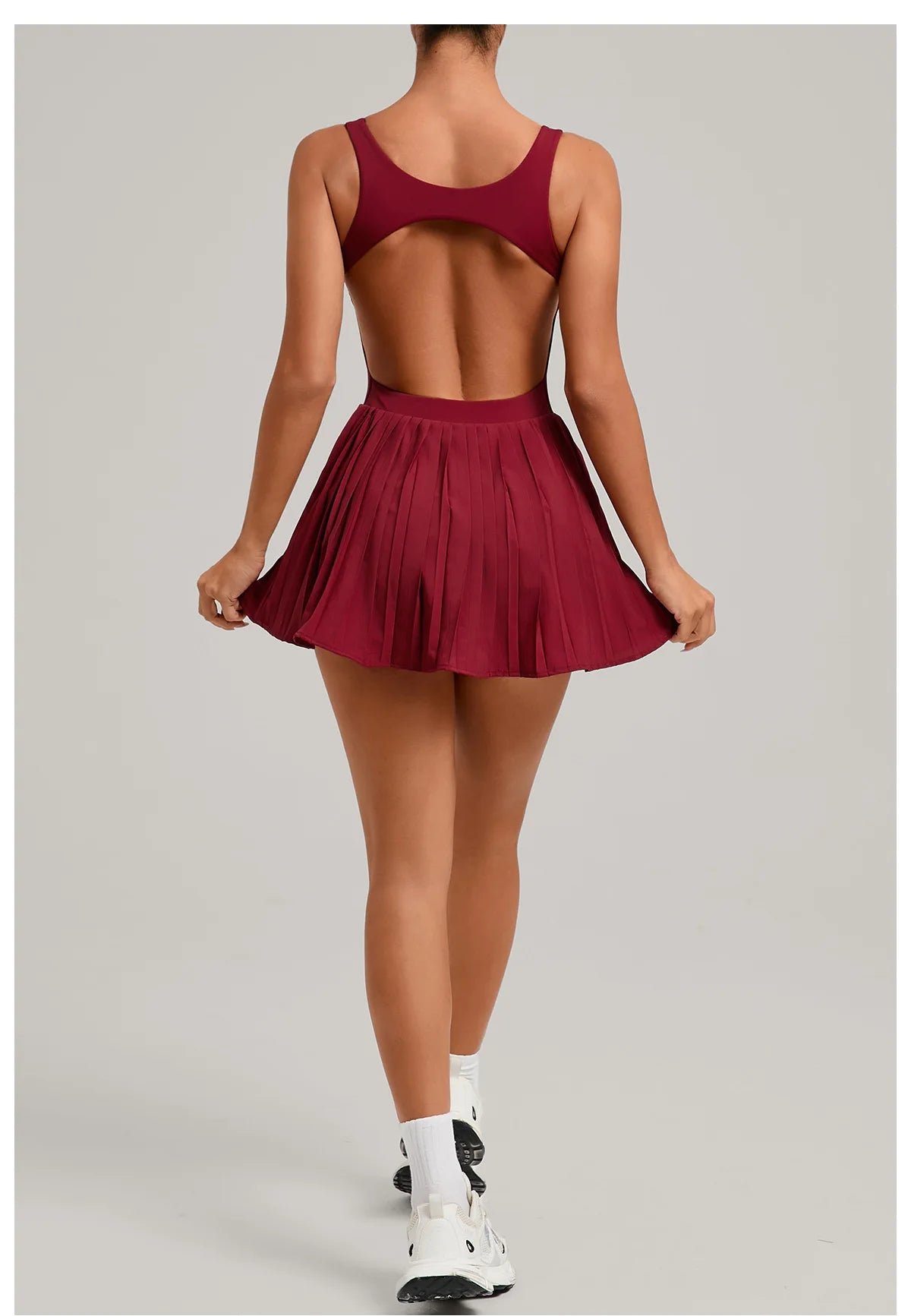 New Large Backless Tennis Dresses Women Solid Color Sleeveless Glare Pleated Yoga Skirt with Pocket Shorts Running Fitness Dress