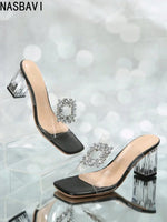 Women Luxury Crystal Buckle Slip-on Transparent Fresh Slippers Women 2026 Square Toe Slides Sexy Beach Party Princess Shoes