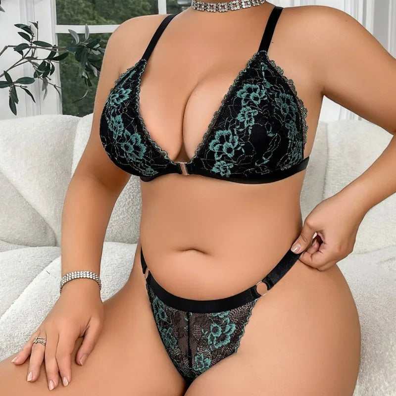 Women's Plus Size Lingerie Sexy Lace Edge Bras and Pants Two-piece Comfortable Gathering Large Underwear Front-button Bra Sets