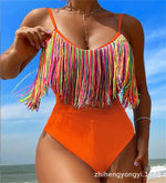 Colorful Tassel One Piece Swimsuit Women Sexy Hot Pink Push Up Tummy Control Swimwear Beach Backless Bathing Suit Monokini 2024