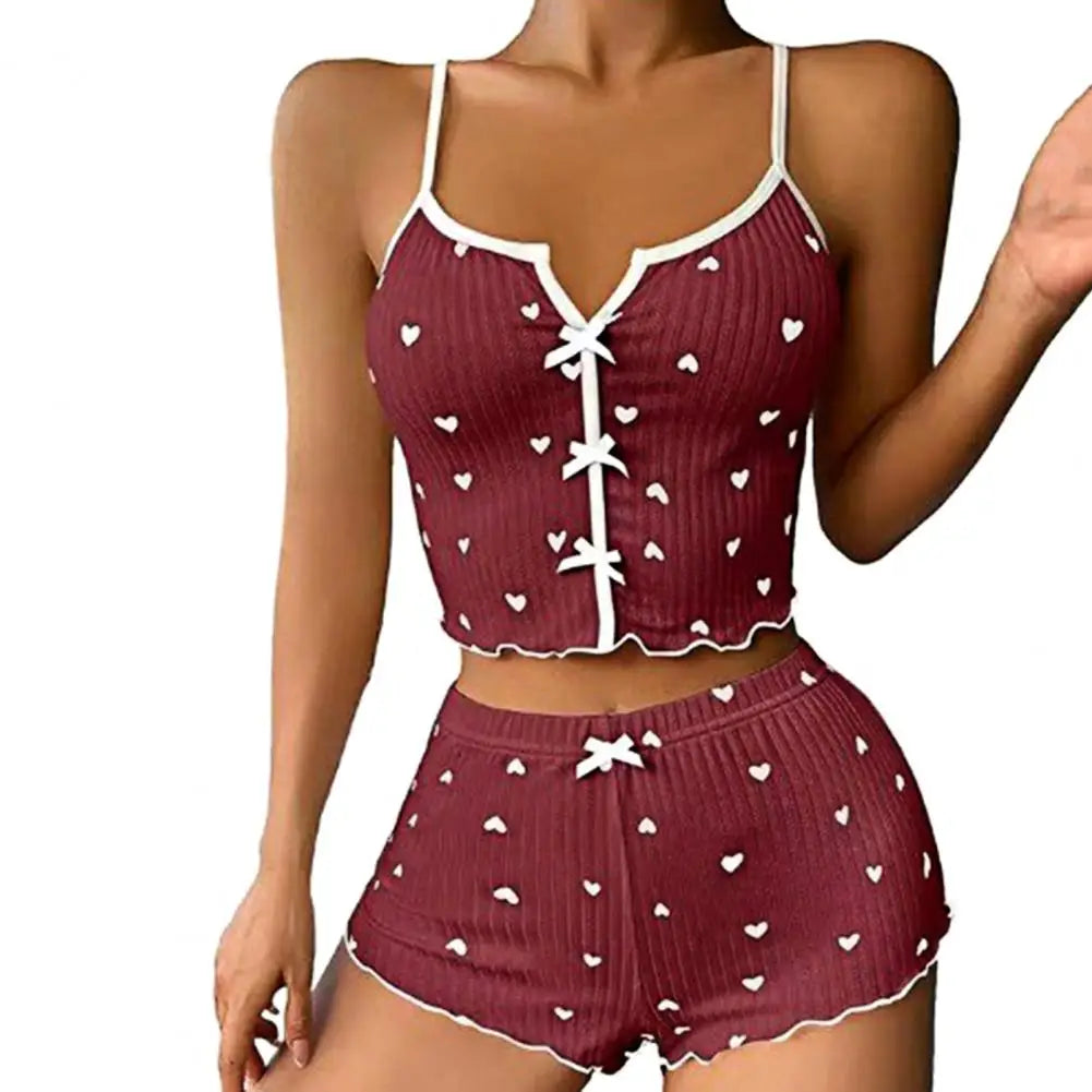 2 Pcs/Set Summer Women Pajamas Set Butterfly Heart Printing Sleeveless Backless Cop Top High Waist Shorts Sleepwear For Sleeping
