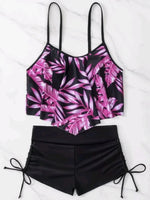 New Green Orange Ruffle Tankini Sets Swimwear High Waist Women Two Pieces Swimsuit Summer Drawstring Sporty Shorts Bathing Suits