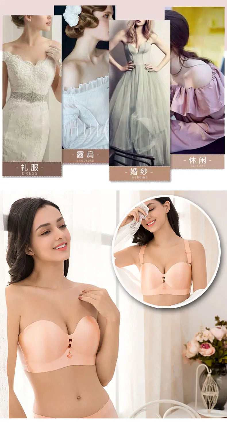 Sexy Women Strapless Bra Invisible Breast Lift Up Leopard Slim Seamless Breathable Wireless Brassiere Wrapped Chest Big Size 52F