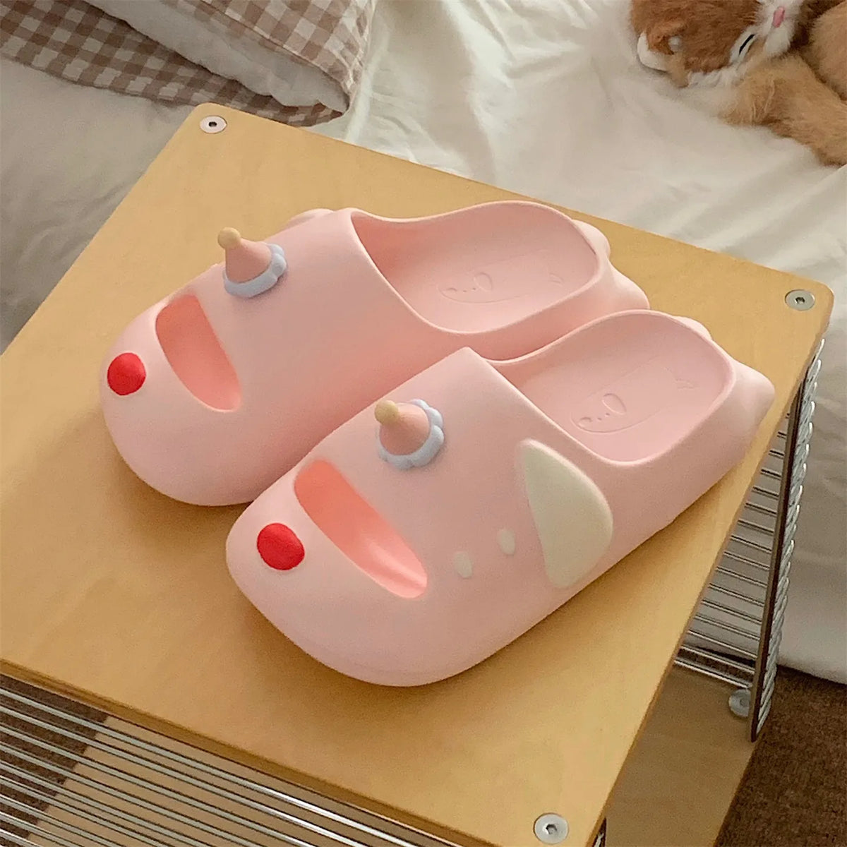 Cute Cartoon Dog Indoor Street Slippers For Women Summer House Shoes Soft EVA DIY Funny Birthday Hat Girls Home Beach Slides