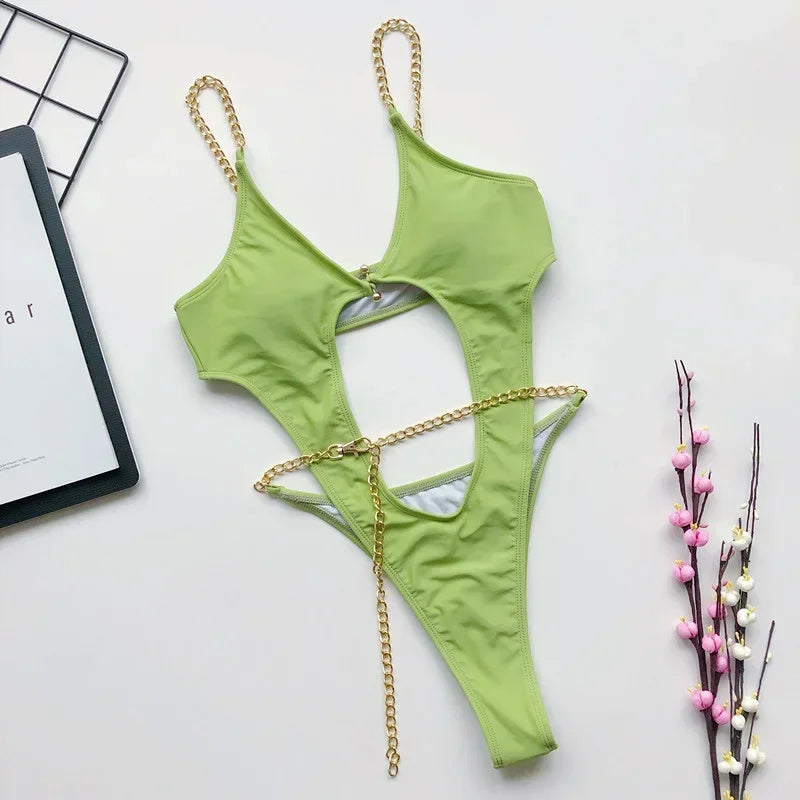 Sexy Metal Chains String High Cut One Piece Swimsuit Women Swimwear Female Monokini Tummy Cut Out Bathing Suit Swim Beach Wear
