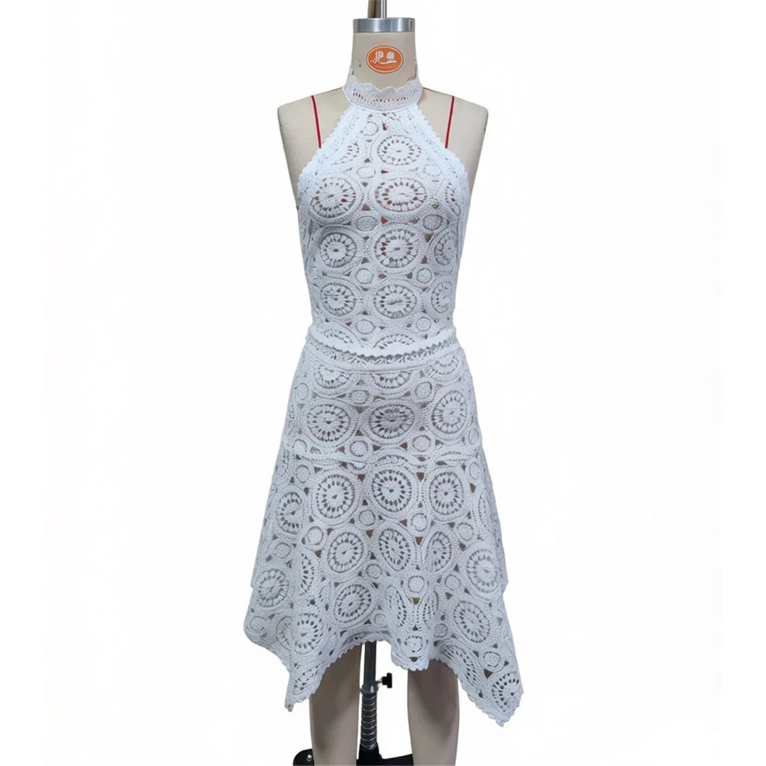 New Hollow Out Crochet Knitted 2 Pieces Suits Tunic Beach Cover Up Cover-ups Beach Dress Beach Wear Beachwear Female Women V8391