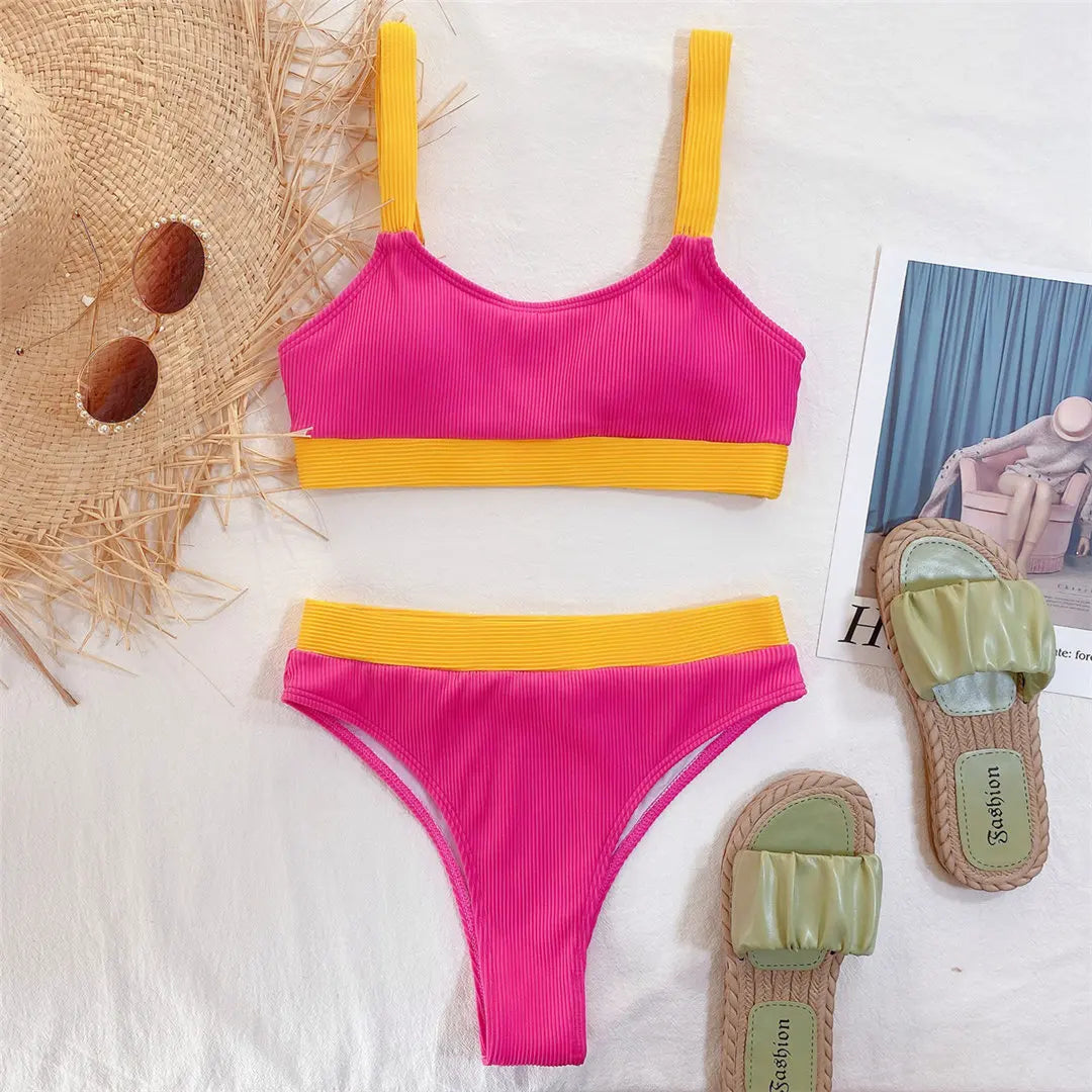 New Sexy Ribbed Splicing Female Swimsuit High Waist Bikini Women Swimwear Two-pieces Bikini Set Bather Bathing Suit Swim V2329
