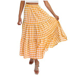 2026 Summer Vintage Checkered Maxi Skirt Women High Waisted Elastic Plaid Ruffle Long Skirts Retro Sweet Cake ALine Skirts