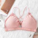 Front Hollow Out Ribbed Bralette Criss Cross Back Thin Straps Removable Chest Pads Wireless Bra Breathable Daily Underwear