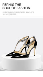 Rhinestone High Heels 2025 Summer Versatile Pointed Heel One-word Buckle Bag Head Sandals Women Black Strap High Heel Sandals 45